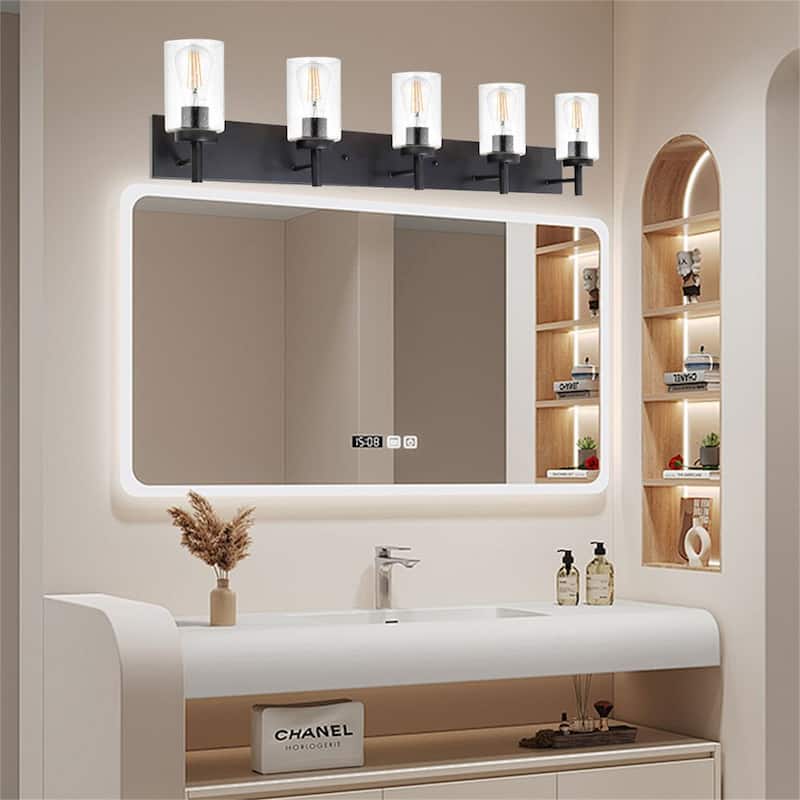 5-Light Black Vanity Light with Seeded Glass Shades