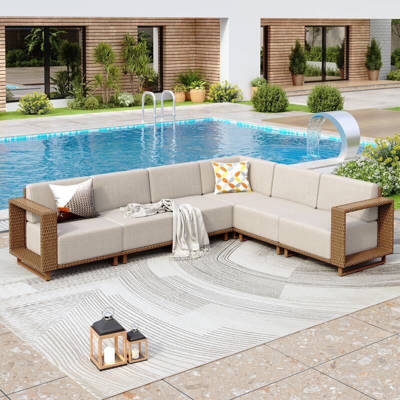 MAISON ARTS 6-Piece Modular Arc Rattan Sofa Set - Wide Armrests & Thick Cushions | Durable PE Wicker & Wood-Plastic. -  Durable PE Wicker & Wood-Plastic.|C.