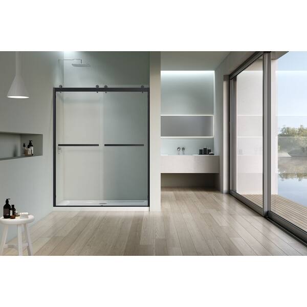 Vanity Art 76 in. H x 60 in. W Frameless Sliding Tub Door in Matte Black with Clear Tempered Glass