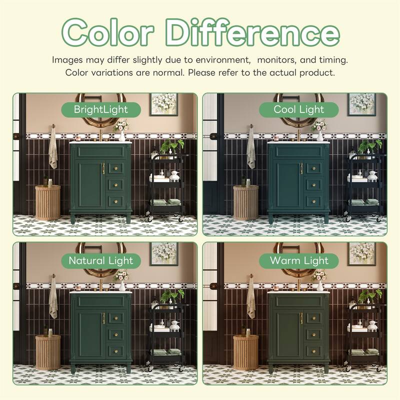 24" Bathroom Vanity with Ceramic Sink and 2 Drawers, Adjustable Shelf