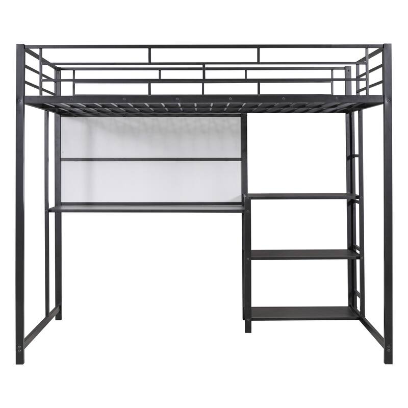 Metal Loft Bed with Desk, Whiteboard, Shelves, and Ladder