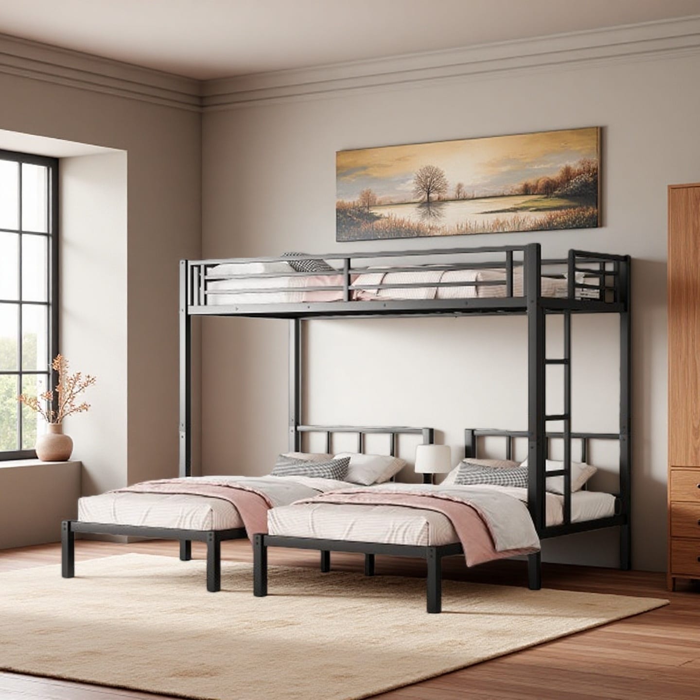 Metal Triple Bunk Bed for 3, Twin over Twin & Twin XL over Twin, Detachable Design with Guardrails, Ladder, and Upper Shelf