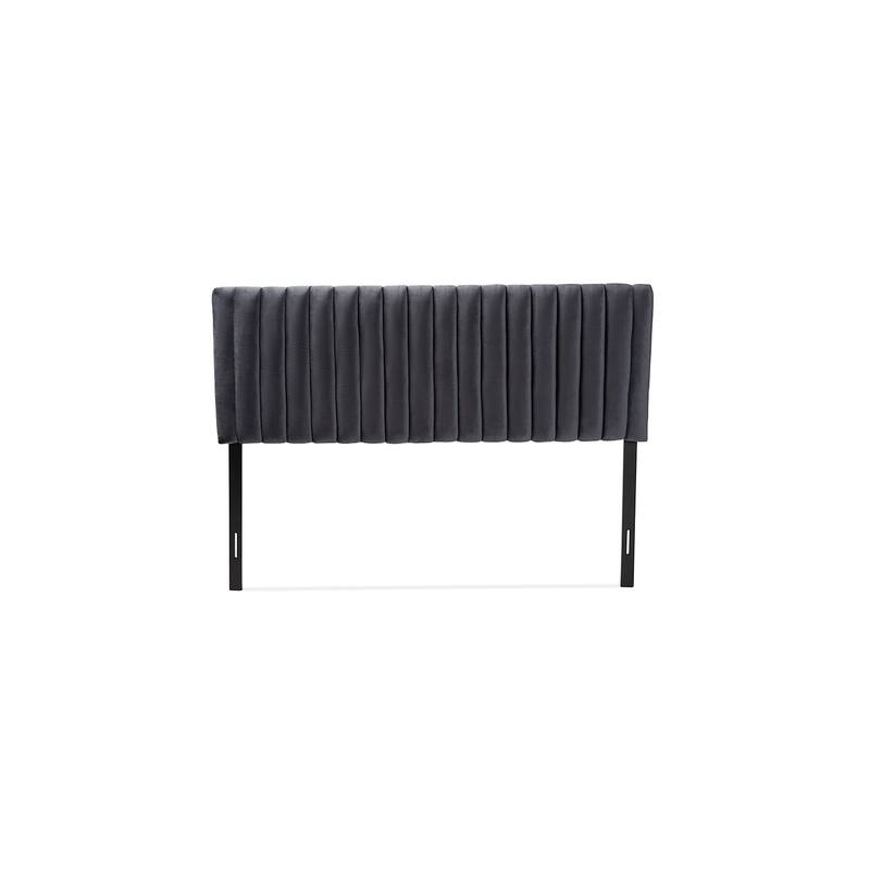 Grey Velvet Fabric Upholstered King Size Headboard with Dark Brown Wood Frame and Modern Sophisticated Style