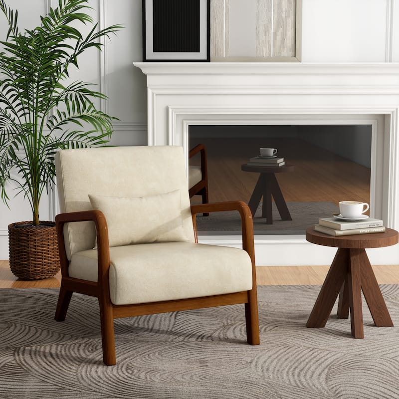 Mid Century Modern Upholstered Accent Chair with Pillow - Cream/PU/Brown Wood