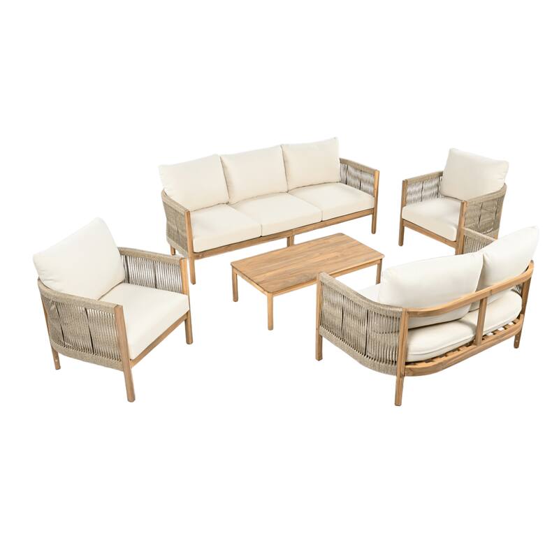Christopher Knight Home - Everly 5-Piece Acacia Wood & Woven Rope Outdoor Furniture Set