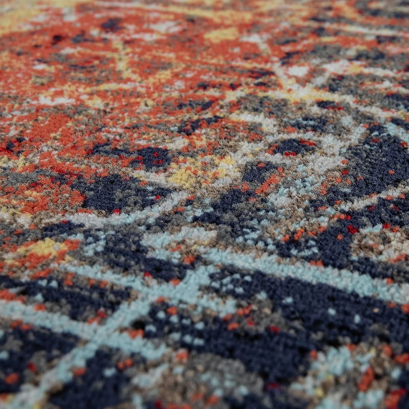 Colorful Outdoor Rug Abstract with Tradional Pattern in Blue Yellow