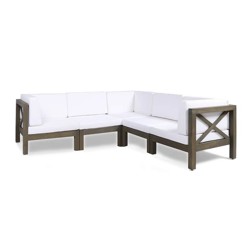 Brava Outdoor 5-Seat Acacia Wood Sofa Set by Christopher Knight Home - gray  + white cushion