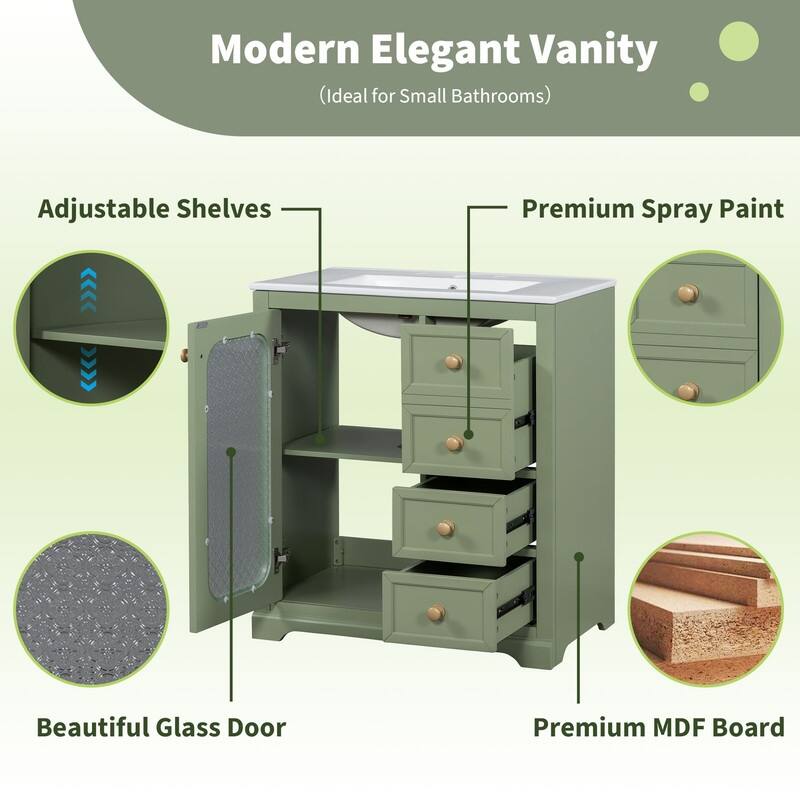 30''/36'' Bathroom Vanity with Sink, 3 Drawers Bathroom Storage Cabinet with Soft-Close Glass Door and Adjustable Shelf
