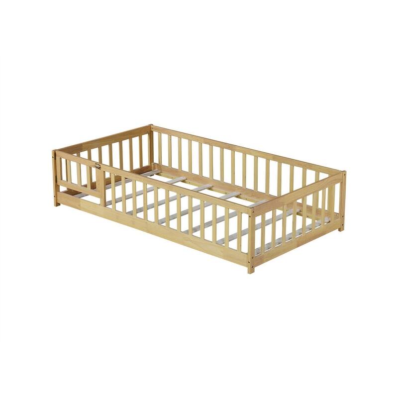 Twin/Full/Queen Size Floor Bed with Fence Guardrails and Door, Rubber Wood Toddler Bed Montessori Bed with Slats Support