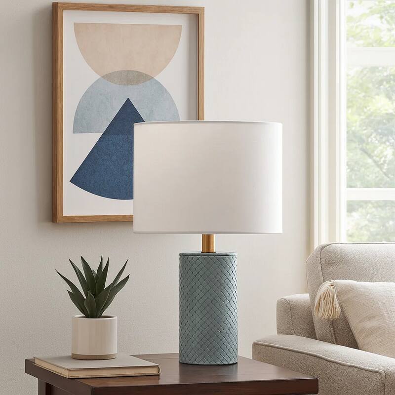 Myn Table Lamp, 18 Inch, White Linen Drum Shade, Blue Leather Base