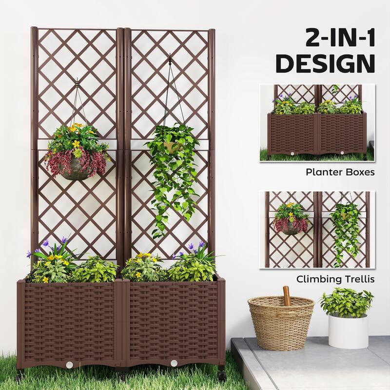 Outsunny Planter Box with Trellis, Self Watering Raised Garden Bed with Lockable Wheels, 56.3" Trellis Privacy Planter