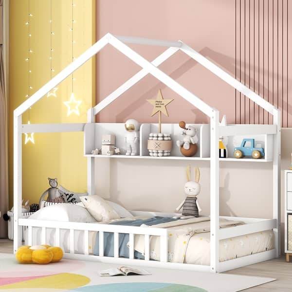 slide 2 of 38, House Bed with Storage Shelf, Montessori Floor Bed with Fence and Roof, Wooden Bed Frame for Kids Boys Grils White - Twin
