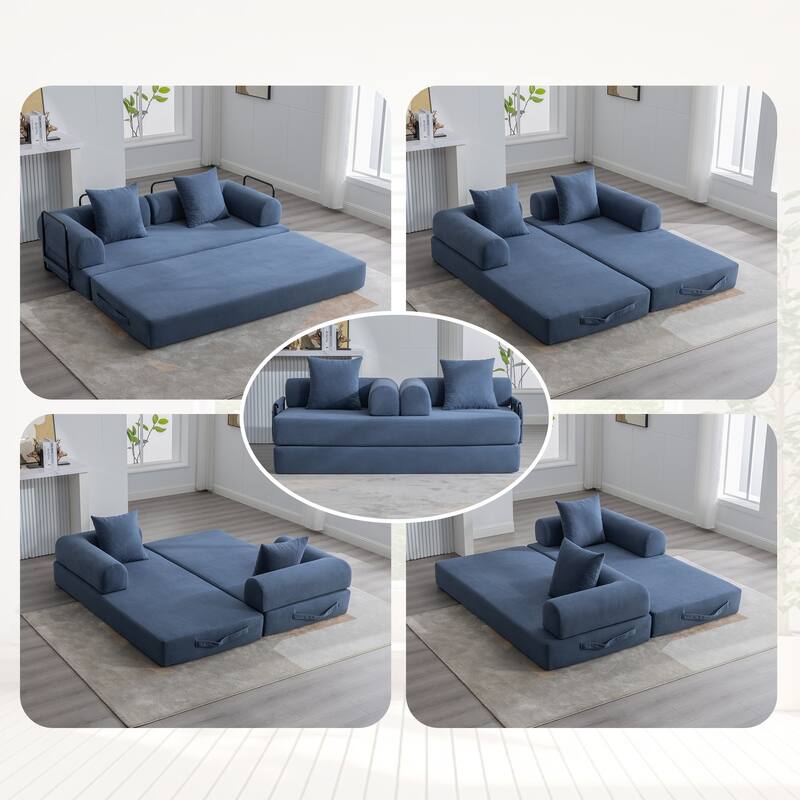 Foldable Modular Couch Sleeper Loveseat Sofa Bed with Storage Side Pocket, Detachable Metal Frame and Corduroy Fabric Cover - Navy Blue