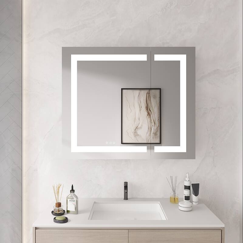 36 in. W x 30 in. H Rectangular Aluminum Frameless Double Door LED Lighted and Defogger Medicine Cabinet with Mirror