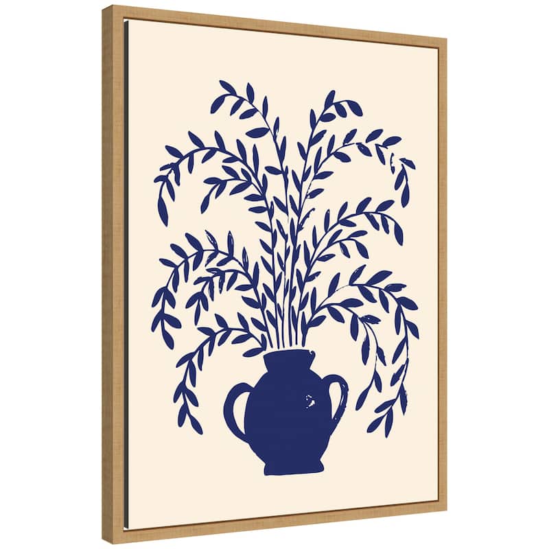 Kate and Laurel Blue Botanical Vase Aurelia 009 by Vicky Yorke Framed Canvas Wall Art Print - 18 x 24 - Brown