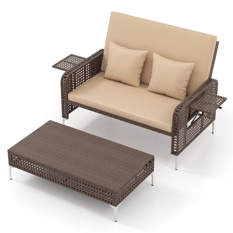 2 Piece Mix Brown Rattan Outdoor Daybed Loveseat and Ottoman Set with Adjustable Backrest - 50” x 48” x 35” - Brown