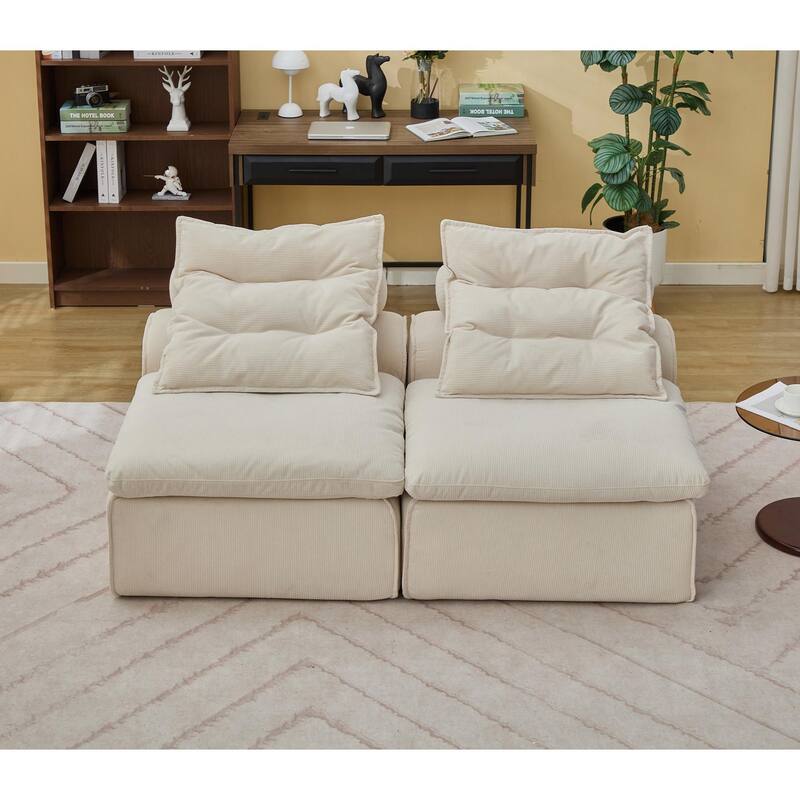 Corduroy Modular Sofa with Lumbar Pillow, 2 Seater Armless Upholstered Sofa Chair, Lounge Couch Chair for Small Spaces