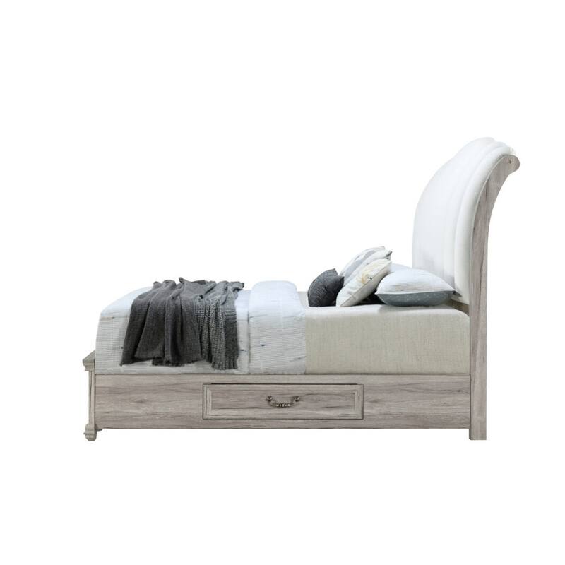 HomeRoots Natural and Light Gray Wood And Upholstery King Bed Frame With Drawers