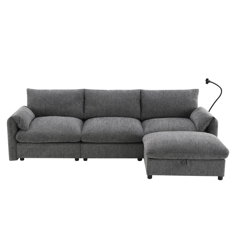 L Shaped Chenille Sectional Sofa with Storage Ottoman, Pockets, USB