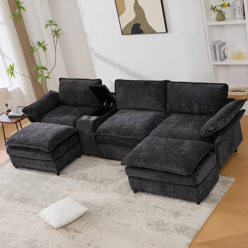 U Shaped Modular Sectional Sofa, Lounge Sofa with Storage Console & Wireless Charging, Sleeper Sofa with Movable Seat