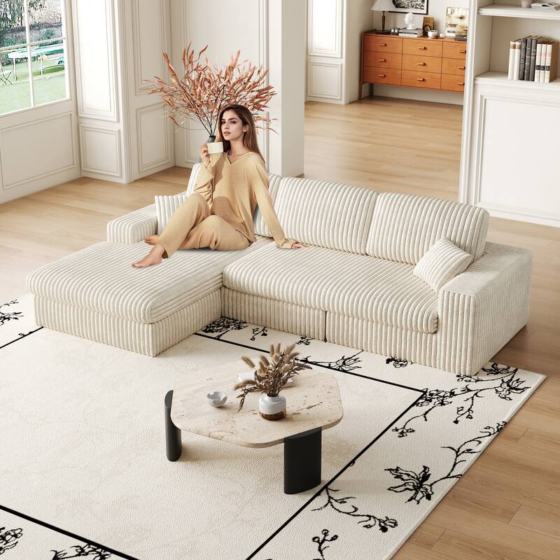 L-Shaped Sectional Sofa with Chaise Lounge, Corduroy Modular Foam Sofa, Upholstered Sofa with 2 Cushion & 2 Throw Pillows