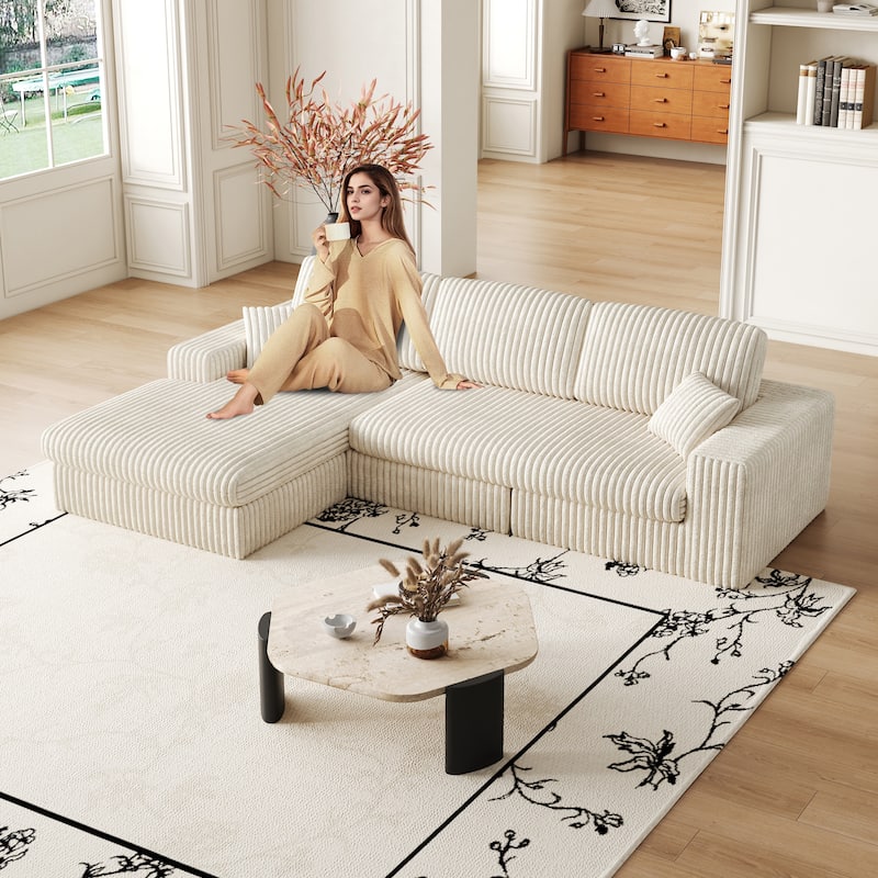 Roomfitters 114.5" Stylish Corduroy Modular Recliner Sofa, Convertible L-Shaped Couch with Neck Pillows & Throw Pillows