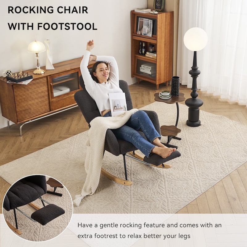 Comfortable Teddy Fabric Upholstered Rocking Chair with High Backrest and Pillows for Indoor Use