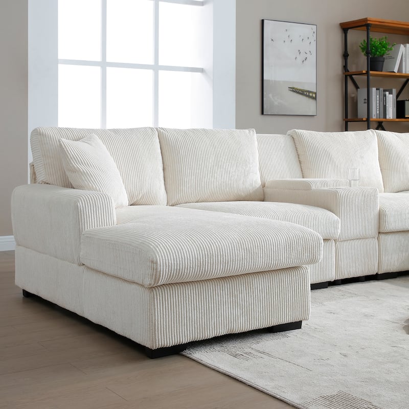 Comfy Corduroy Cloud U-shaped Sectional Sofa with Double Chiase Lounge, Built-in Storage Console and Cup Holders for Living Room