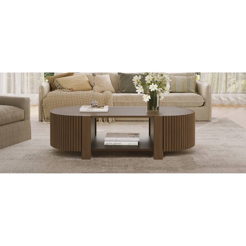 47" Coffee Table for Living Room, Wood Center Table, Tea Table, Storage Table with Sliding Doors, Modern Oval End Table