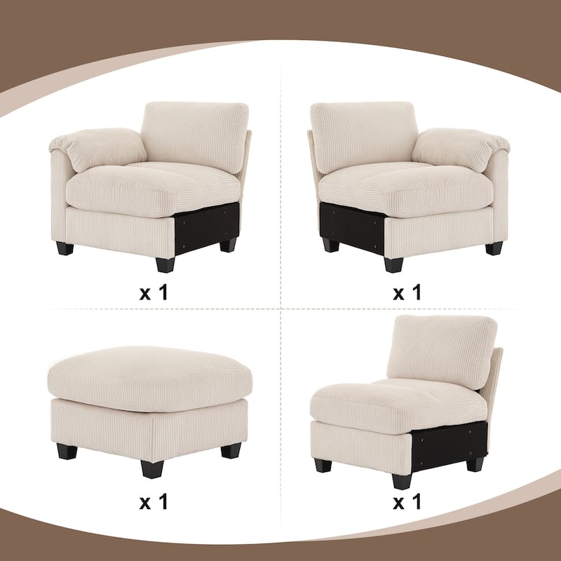 Corduroy Sectional Sofa with a Removable Ottoman, L-shaped Reversible 4-seat Modular Couch