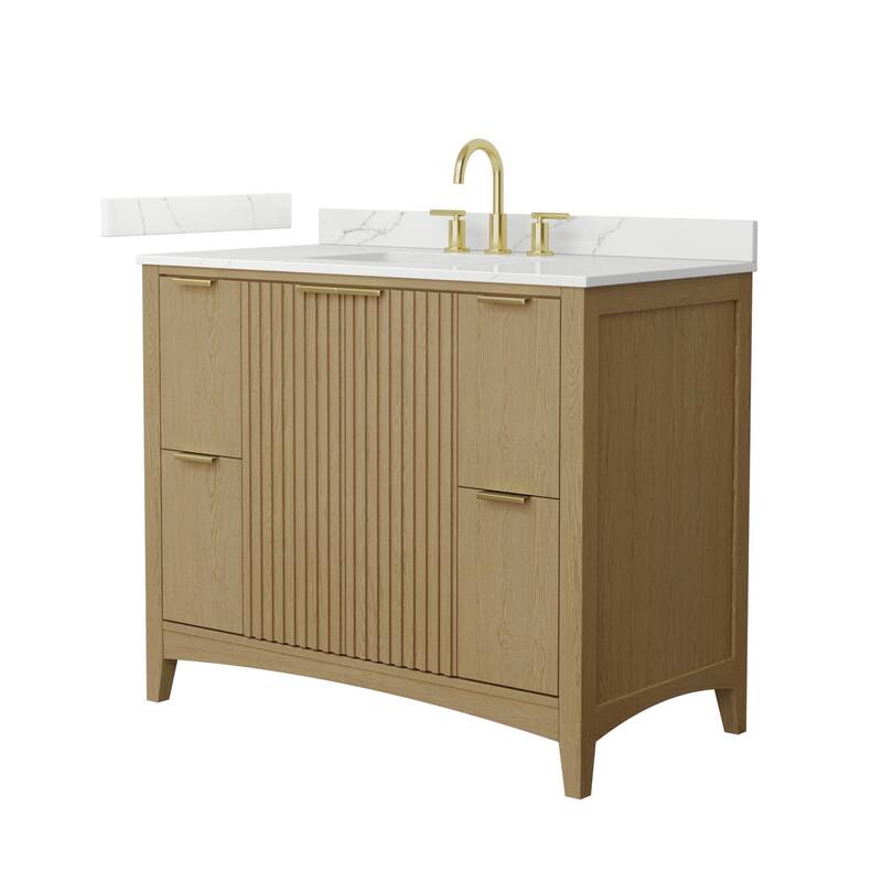 Wyndham Collection WCF9191-42S-QTZ-US3MXX Palmilla 42" Free Standing - Natural Oak / Giotto Quartz Top / Brushed Gold