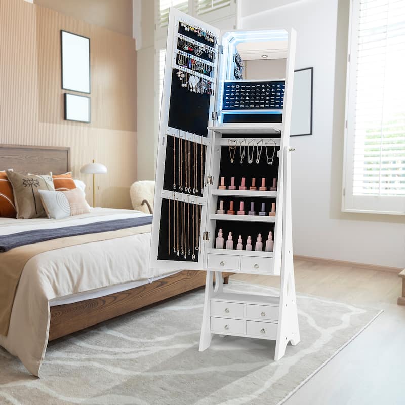 Gymax Jewelry Armoire w/ Full Length Mirror Freestanding Jewelry