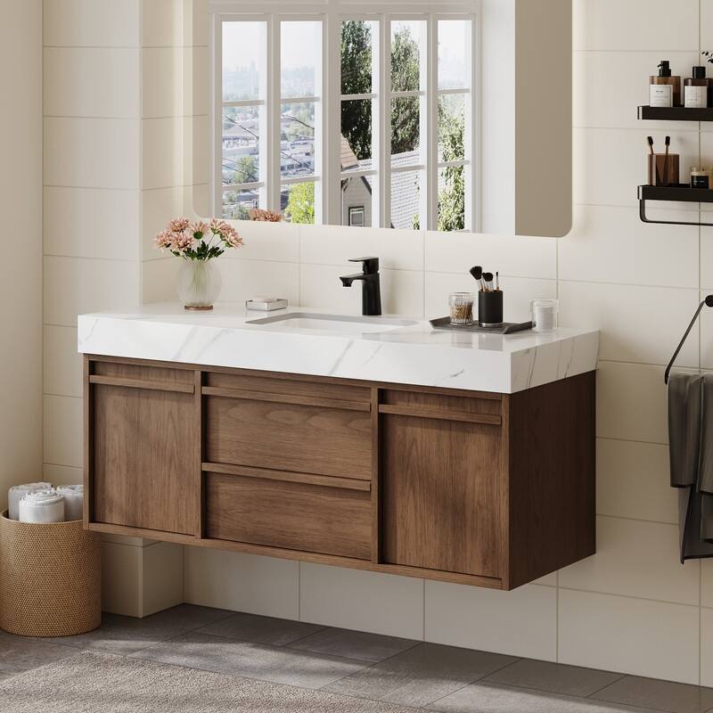 48"Mid Century Modern Wall-Mounted Bathroom Vanities,Single Sink,Brown Wood Texture with Sintered Stone Table top