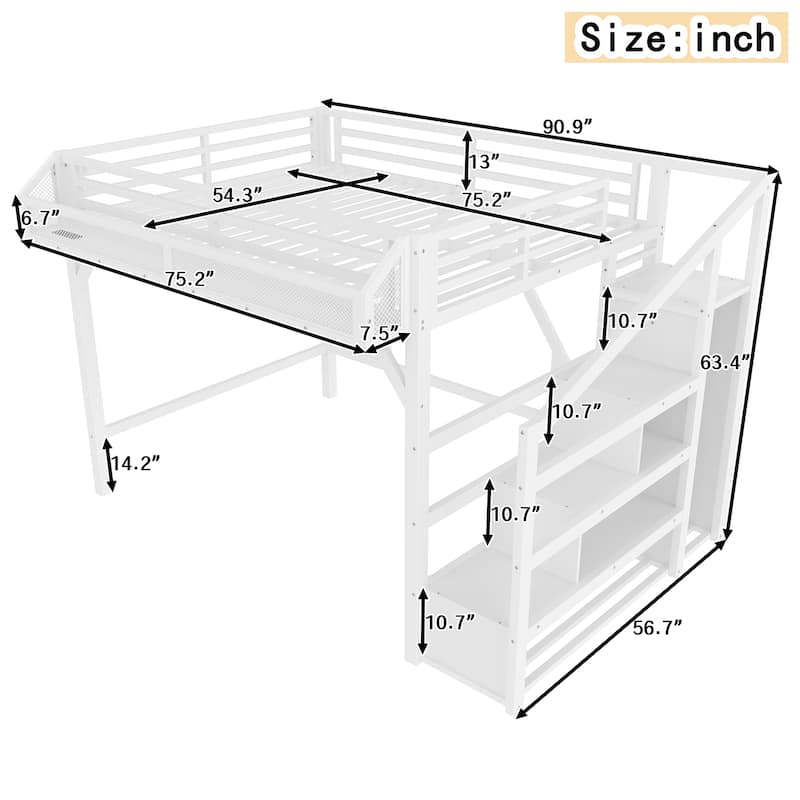 Metal Loft Bed with Storage Stairs, Wardrobe and Shelves, USB Ports and LED Lights, Noise Reduced Frame