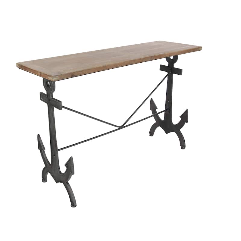 Metal Anchor Rectangular Console Table with Brown Wood Top - Black - Roche River Decor - 15"W x 48"L x 31"H