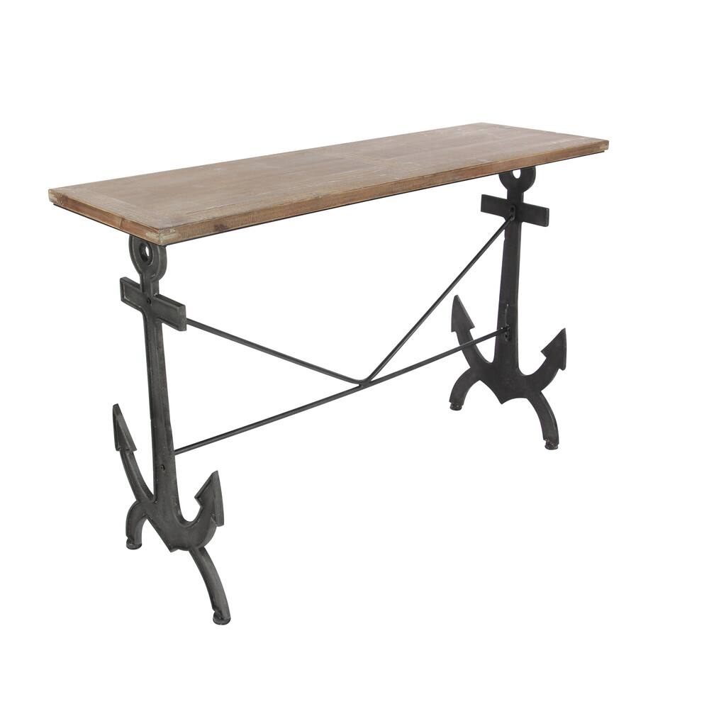 Metal Anchor Rectangular Console Table with Brown Wood Top - Black - Roche River Decor - 15"W x 48"L x 31"H