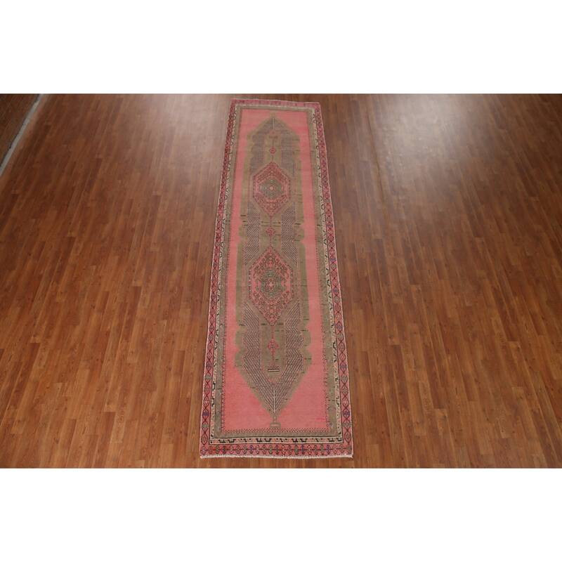 Pink Geometric Sirjan Persian Runner Rug Vintage Handmade Wool Carpet - 3'4" x 12'3"