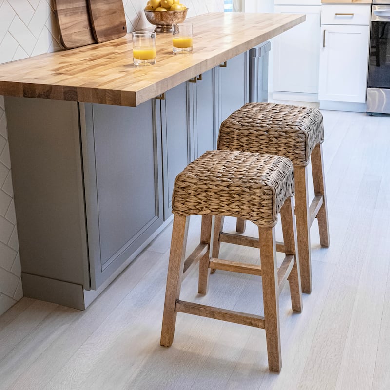 Swayze Rustic Bohemian Hyacinth/Wood Backless Bar Stool, by JONATHAN Y