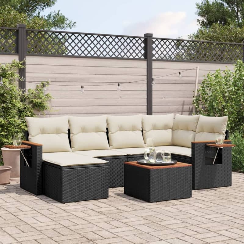 vidaXL Patio Sofa Set with Cushions Outdoor Conversation Furniture Poly Rattan - 21.7 x 21.7 x 14.6 in - Black and cream with table