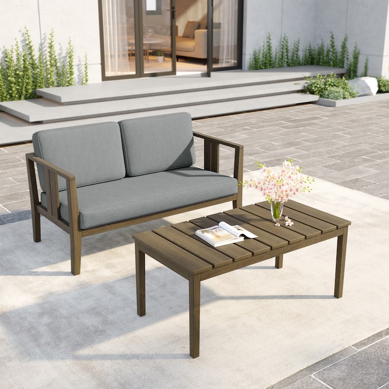 Uixe Teak Patio Loveseat with Coffee Table Outdoor Conversation Set
