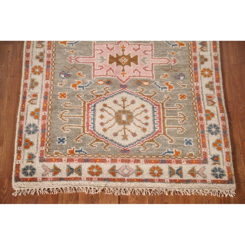 Geometric Grey Kazak Accent Rug Handmade Traditional Wool Carpet - 3'1"x 5'0"