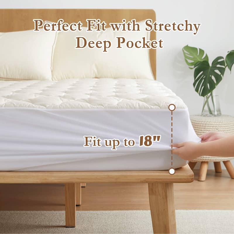 Organic Cotton Waterproof Quilted Mattress Pad, Fitted Stretchy Side Skirt Fits up to 18" - Off-white/White