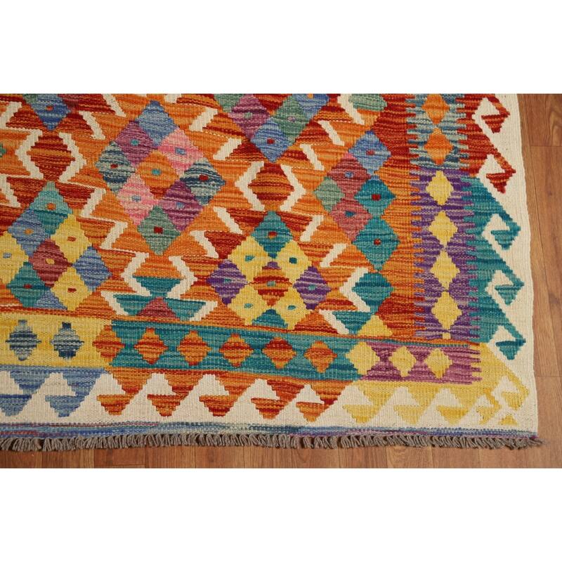 Reversible Kilim Oriental Area Rug Flatweave Orange Wool Carpet - 8'0" x 9'7"