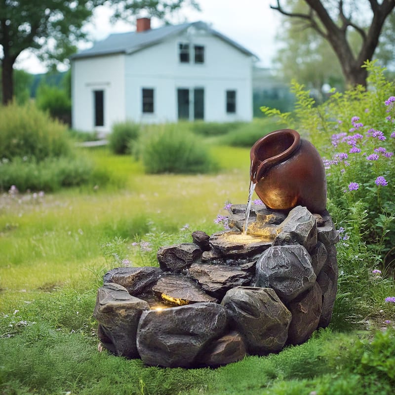 Outdoor Tiering Rocky River Stream Water Fountain Weather Resistant with LED Lights