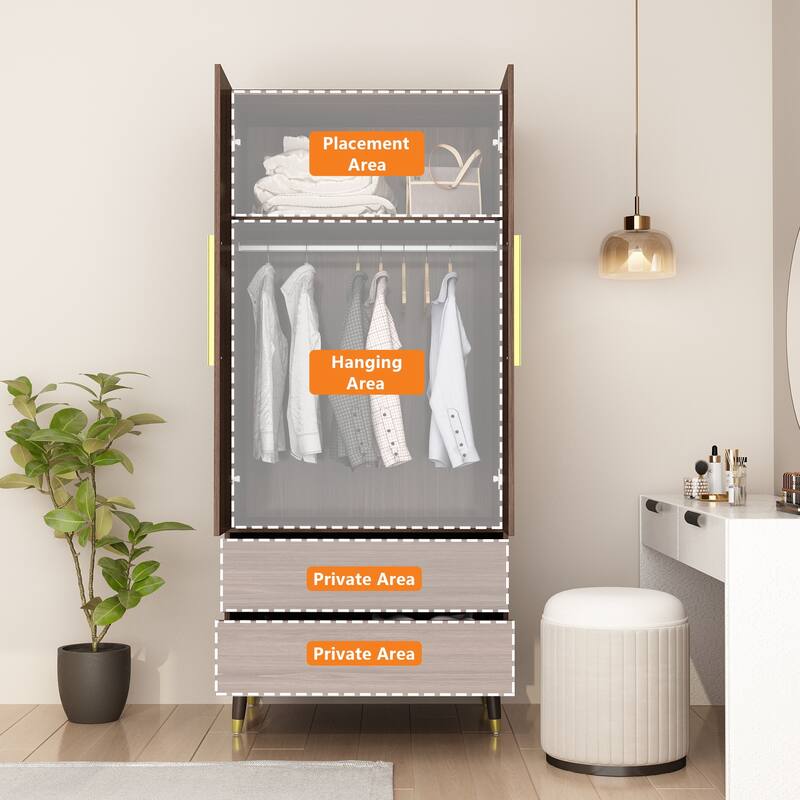 Wardrobe Closet Armoire with 2 Doors Wooden Clothes Storage Cabinet