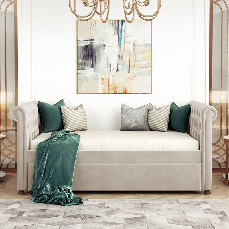 Beige Upholstered Twin Size Daybed Sofa Bed with Trundle, Fabric and Wood Frame Wood Slat Support