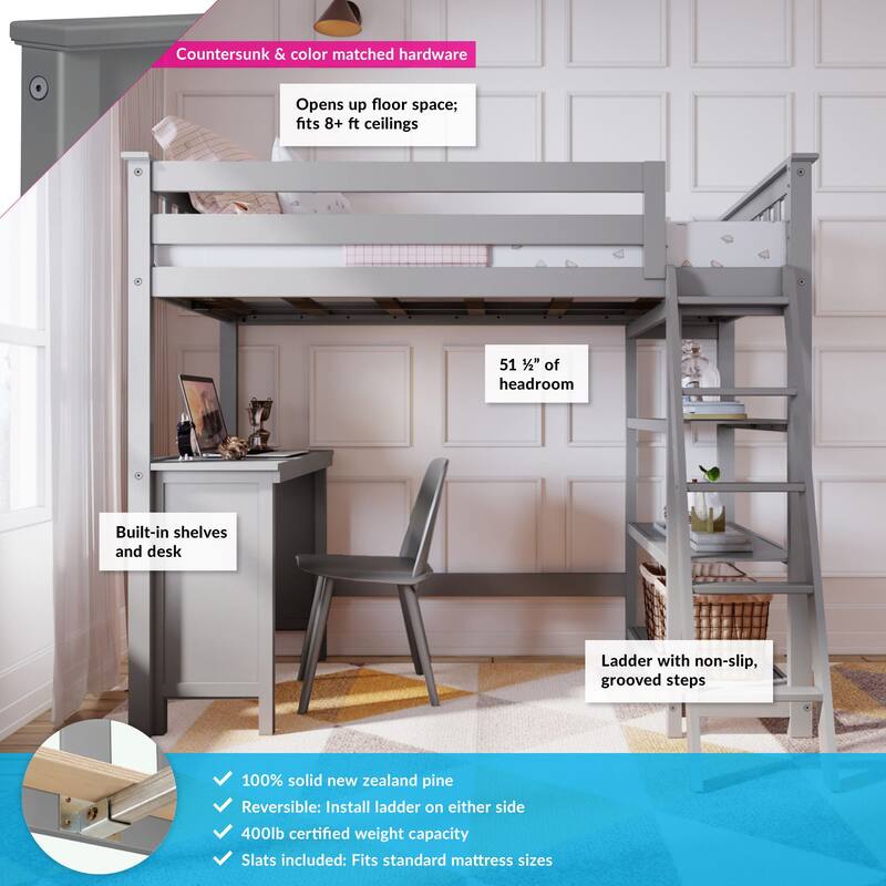 Max and Lily Twin High Loft Bed with Bookcase and Desk