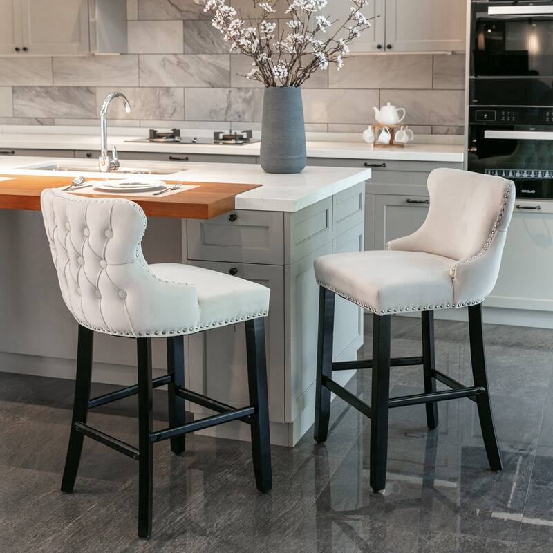 Velvet Upholstered Wing-Back Barstools Set of 4