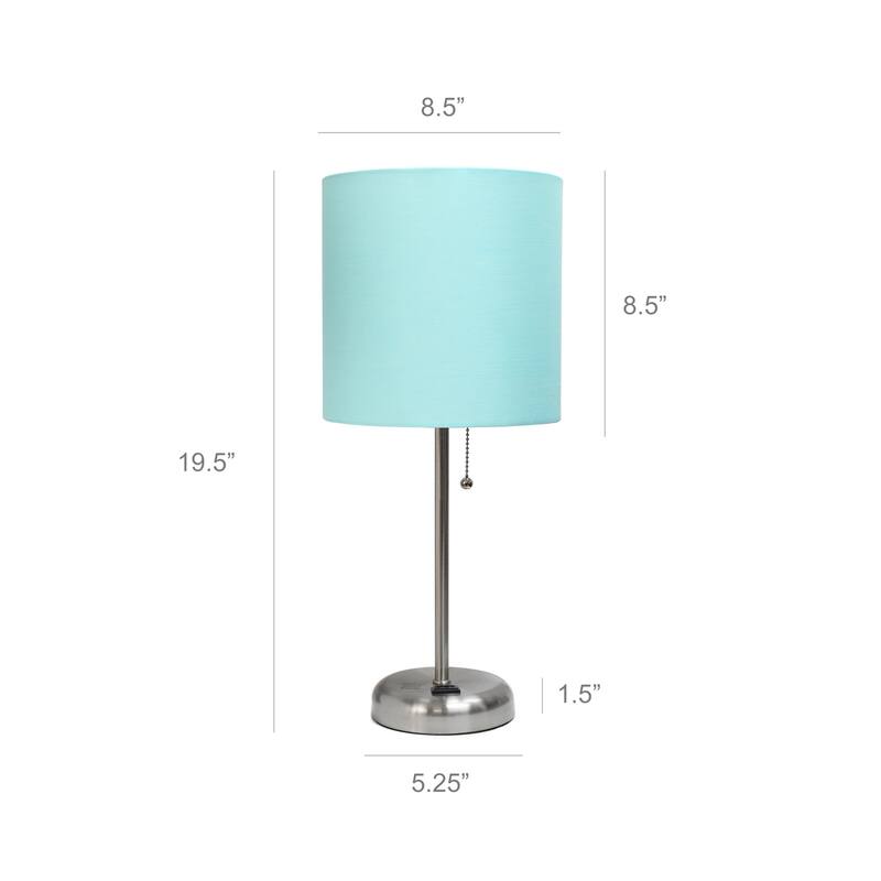 19.5 in. Brushed Steel Finish Table Lamp with Blue Shade, Durable Stick Lamp for End/Side Tables, Set of 2