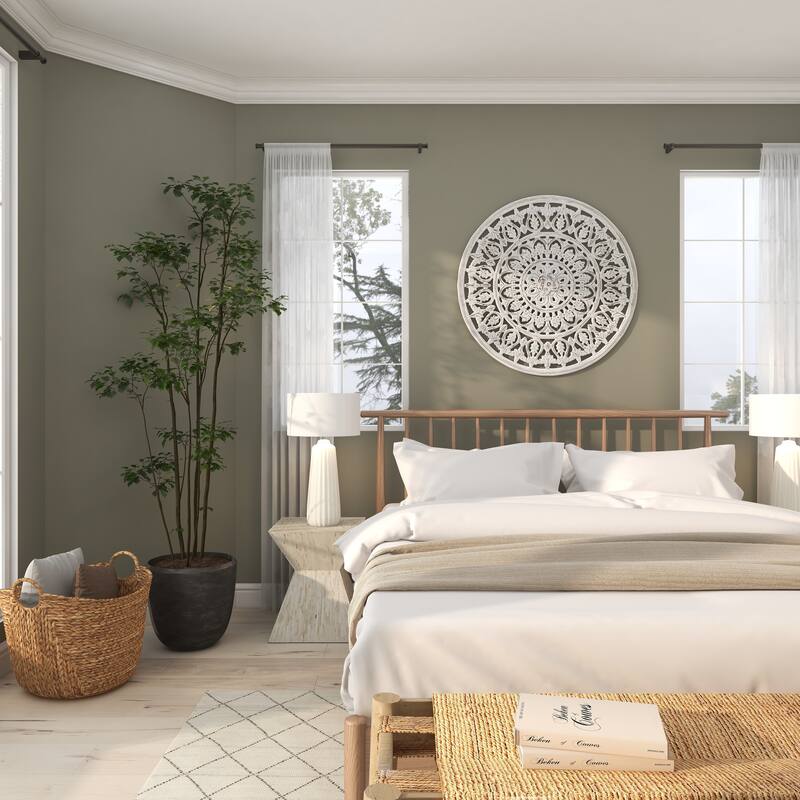 White Wood Handmade Intricately Carved Round Mandala Floral Home Wall Decor